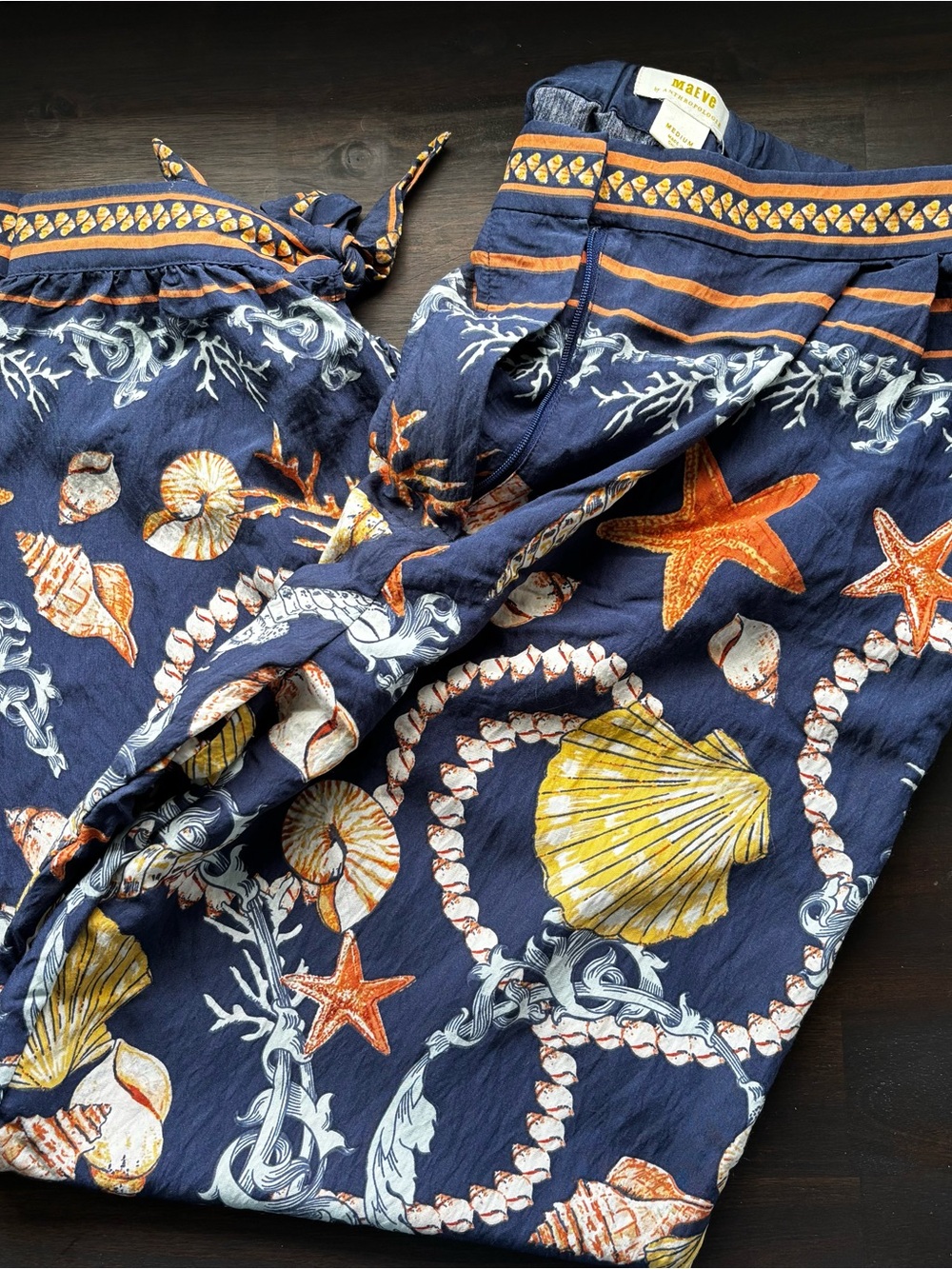 Anthropologie Maeve Navy Seashell Print Lounge Pants with Orange & Yellow Accent - Picture 2 of 3
